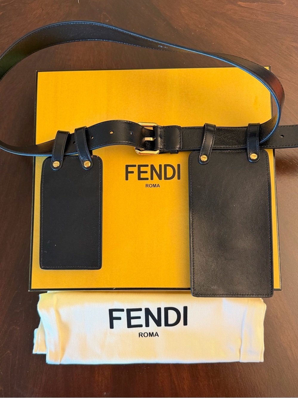 Fendi Black Leather Belt Bag with Card Holder Panels and phone case
